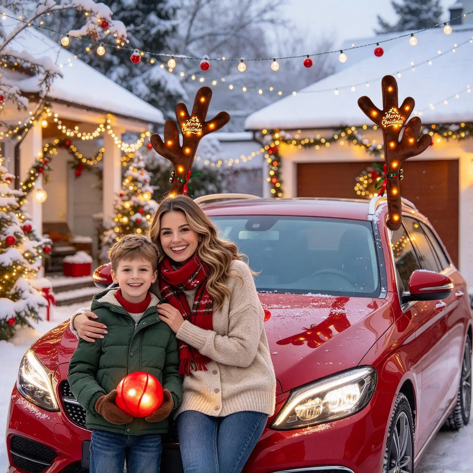Christmas Car Antlers Light Up Holiday Deer Exterior Decors With Nose Christmas Car Decorations For SUV Truck Exterior Roof Top