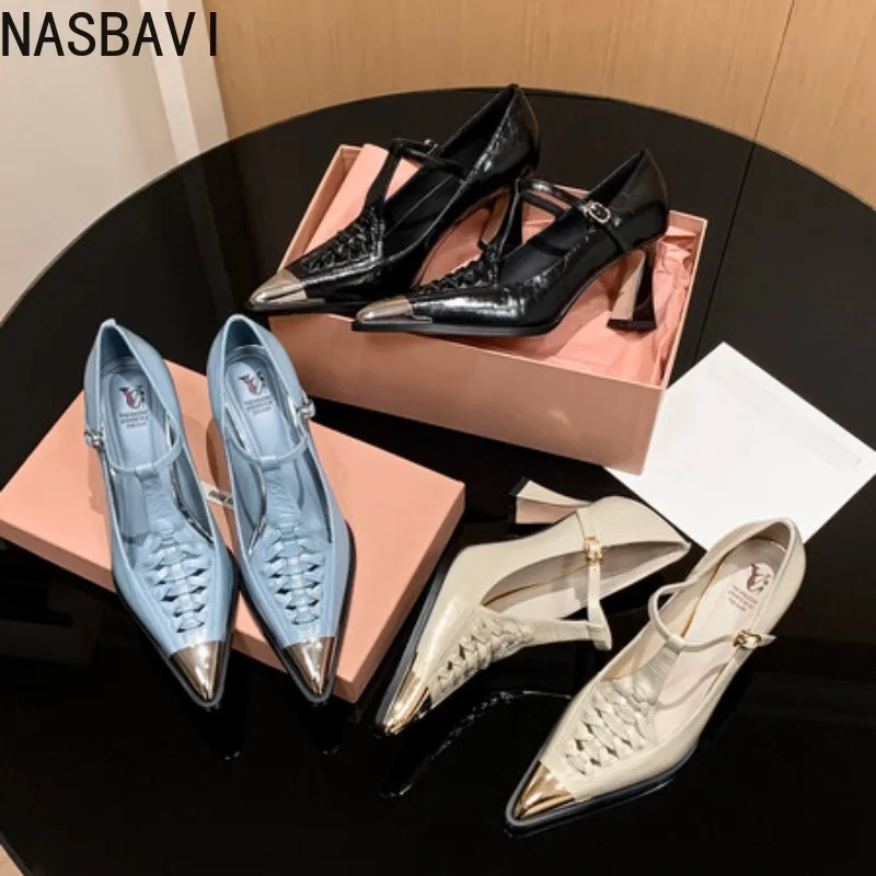 

Vintage Polished Pointed Toe Women Cow Leather Pumps Thin Heels Pointed Toe Buckle Strap Big Size 34-40 Handmade