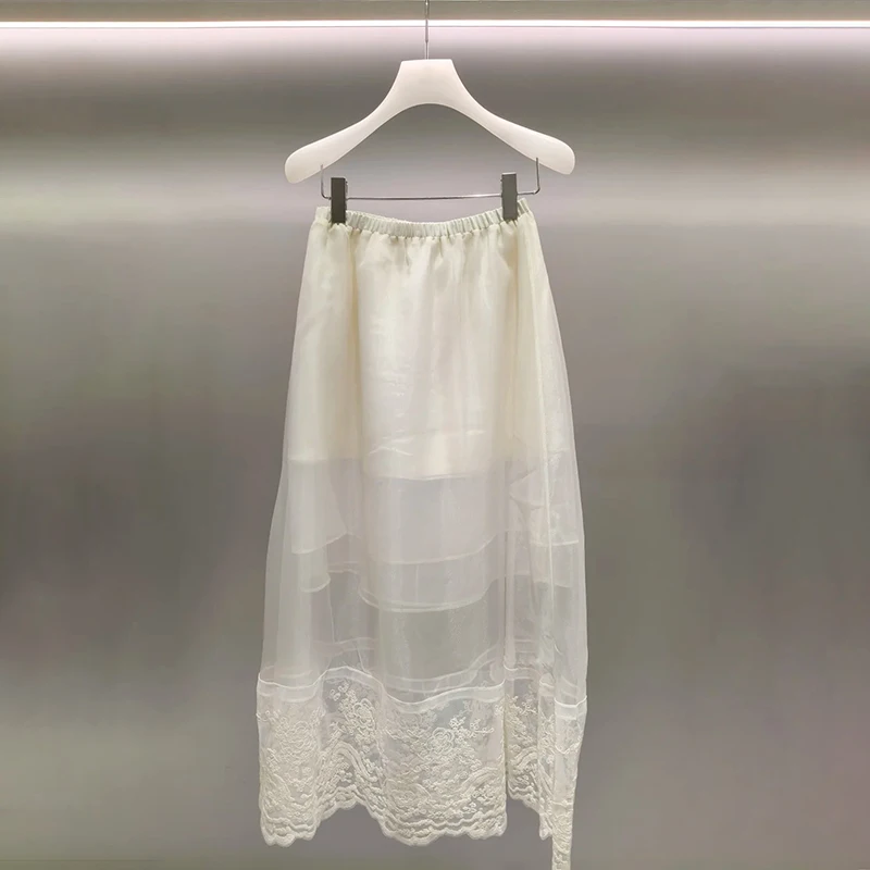 

Romantic White Embroidered Lace Asymmetrical f-length Skirt High-waisted A-line French Sle Women's Premium Faion Autum...