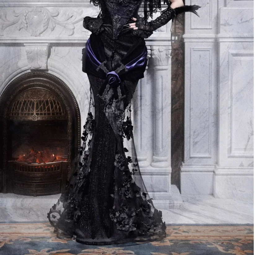 Blood Supply Original Design Gothic Luxury Embroid Mesh Patch Trumpet Skirt Rose X-long Halloween Velour Skirts Jupe Autumn