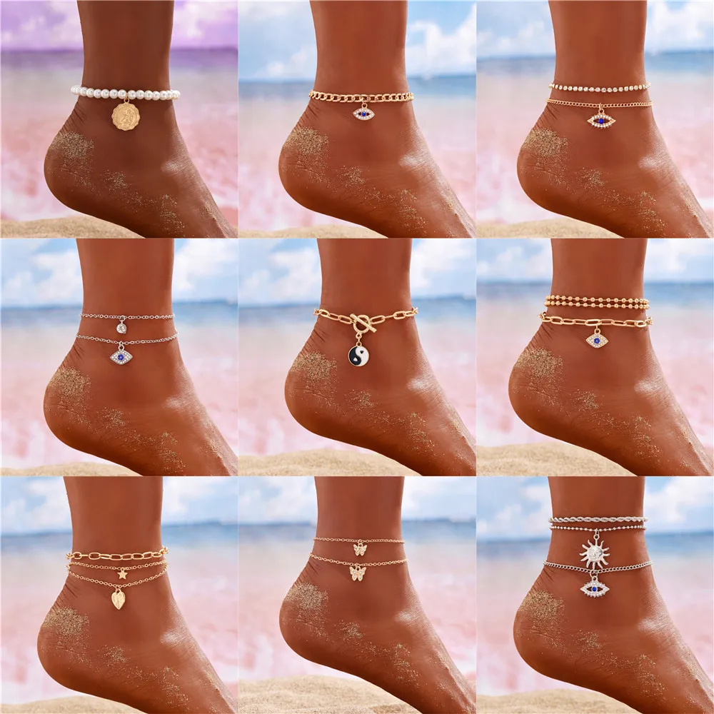 Fashion Vintage Gold-plate Punk Chain Crystal Eye Sun Butterfly Tai Chi Heart Shaped Pendant Anklet For Women Sexy Foot Jewelry