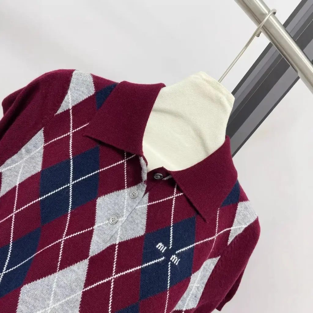 

Вязаная рубашка высокой четкости MM с ромбовидным узором, тонкий винтажный женский топ с короткими рукавами и воротником в британском стиле