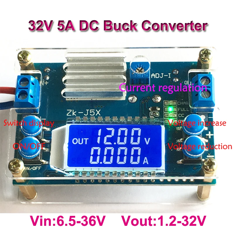 CC CV DC 6.5-36V to 1.2-32V 5A 75W Step Down Buck Converter Power Supply Module Voltage Regulator Transformer with Case Heatsink