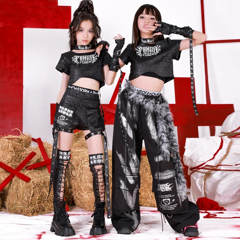 

Cool Black Jazz Dance Clothes Girls Crop Tops Pants Summer Short Sleeves Performance Costume Punk Kpop Stage Dancewear BL15484