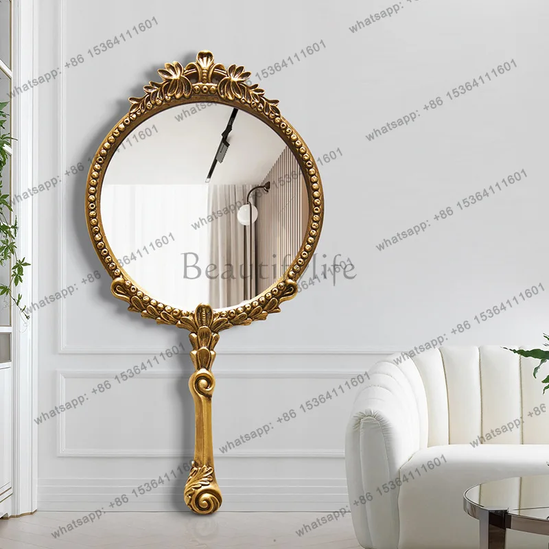 European retro handheld wall-mounted mirror gold carved light luxury makeup mirror fashionable and simple