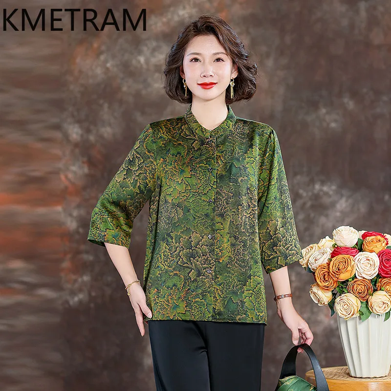 

KMETRAM 100% Mulberry Silk Women Shirt 2026 Summer Retro Elegant Xiangyunsha Half-sleeve Print Shirt Lady Clothes Blusa Feminina