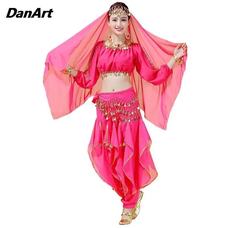 

4PCS Arabic Belly Dance Costumes Set For Women Coins Long Sleeve Top+Harem Pants+Hip Scarf+Headdress Performance Training Outfit