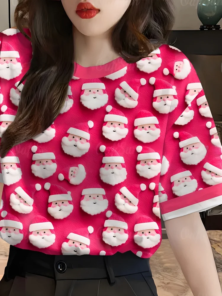 Cseta Fena de Verão com Estampa 3D de Papai Noel para o loween, Manga Curta, Gola Redonda, Poliéster, Ajuste Regula...
