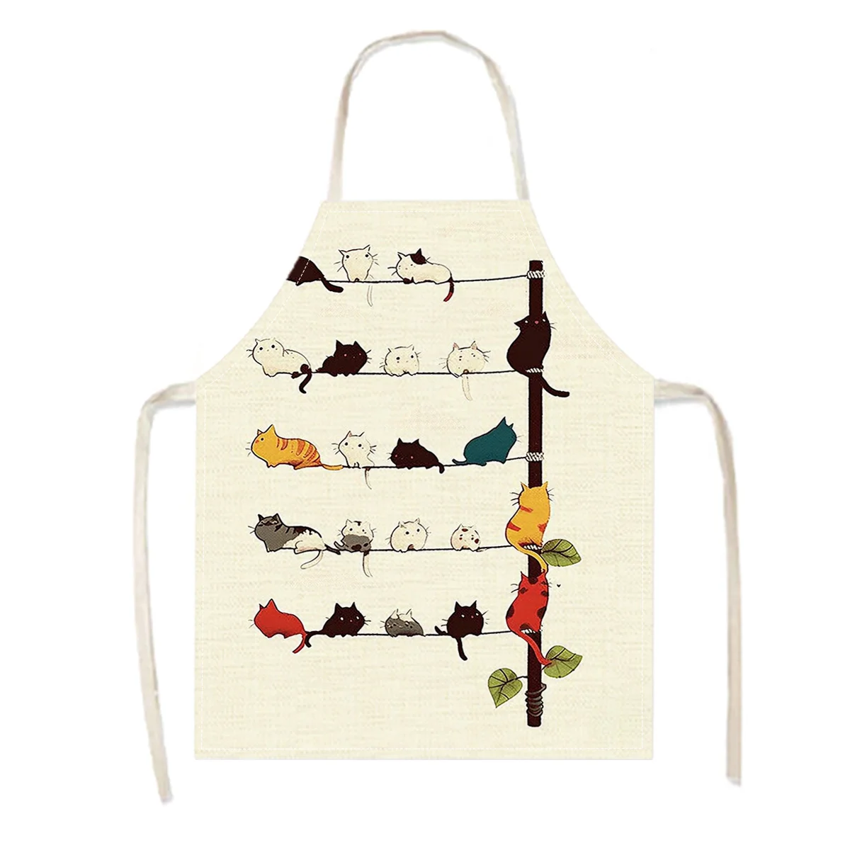 1pc Cats On Wires Pattern Apron Linen Cooking Kitchen Baking Bib For Women Chef Waitress Housework Cleaning