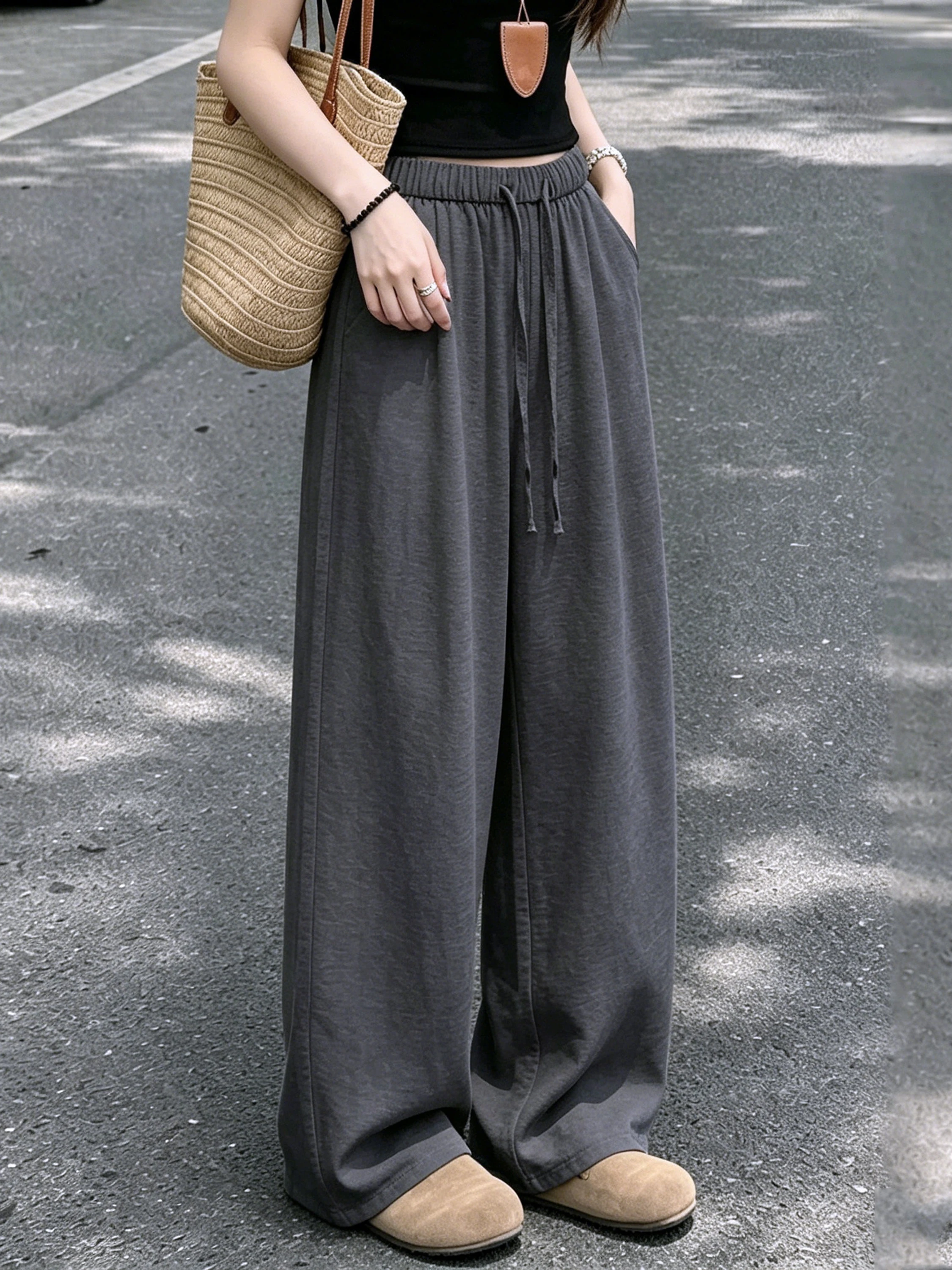 

Deep Grey Linen Silk Pants Women Summer Lazy Old Money Loose Drape Thin Cotton Linen Straight Leg Wide Leg Pants