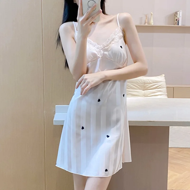 Lace V-Neck Nighty Gown Strap Nightgown Women Sleepwear Sleep Dress Loungewear Sexy Satin Nightdress Summer Home Clothes