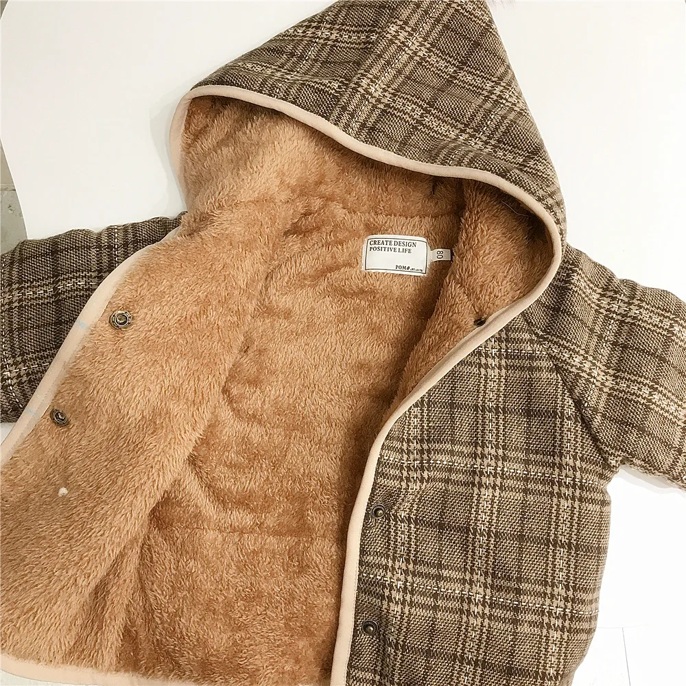 1-7T Toddler Kid Baby Boy Girl Winter Clothes Thick Plush Infant Plaid Jacket Cardigan Hooded Warm Childrens Coat Outwear