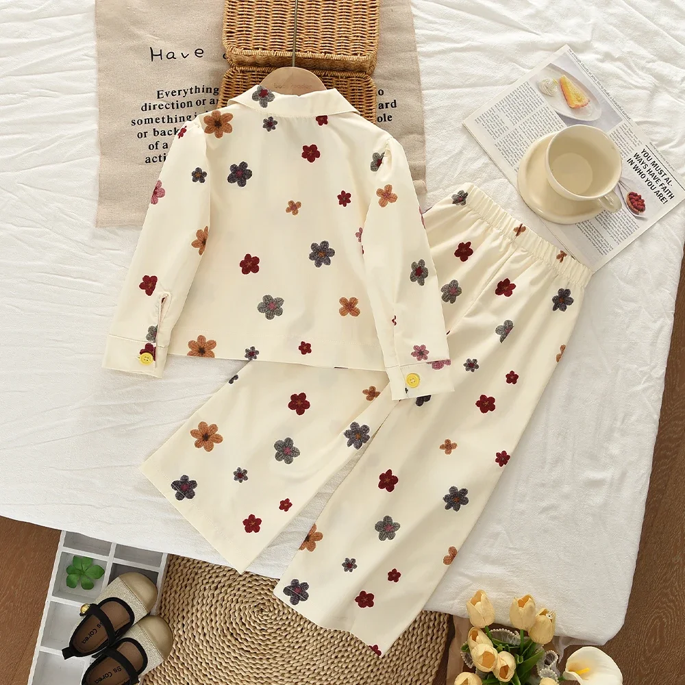 Herbst Neue Beige Lässige Mädchenbekleidungssets Blumendruck Kinderkleidung Mädchen Frühling Langarm Bedrucktes Hemd Jacke + Hose – Detail 3