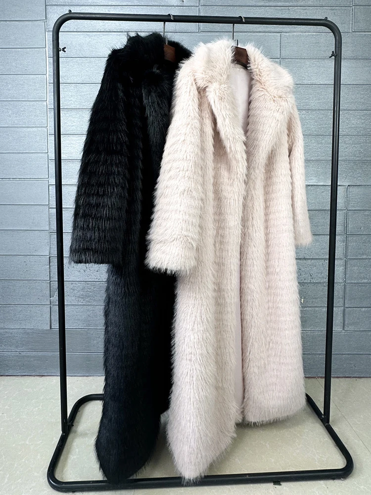[EAM] Black Long Elegant Big Size Faux Fur Jacket New Lapel Long Sleeve Women Coat Fashion Tide Autumn Winter 2026 1DJ8886