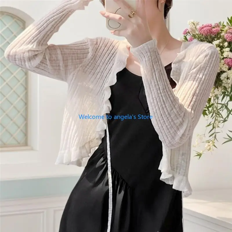 

X4YC женский вязаный кардиган с длинными рукавами, летний легкий топ с рюшами и завязками