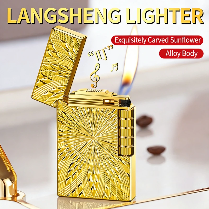 

Винтажная стальная звуковая зажигалка Langsheng, шлифовальный круг, высококачественная мужская подарочная металлическая рельефная зажигалка для курения подсолнечника