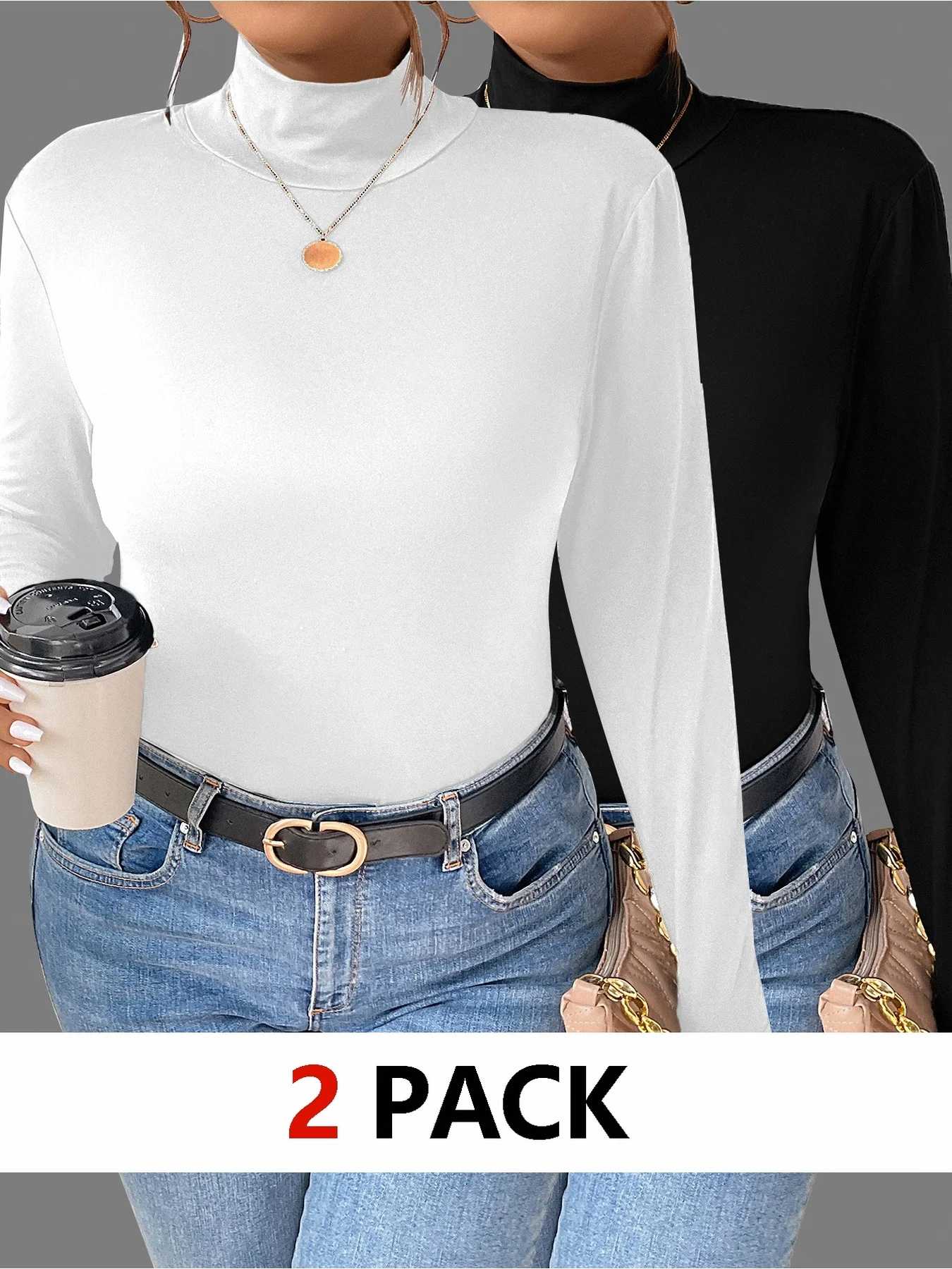 

2PC Large High Collar Long Sleeve Base Shirt Two Piece Set for Autumn and Winter, Slim Fit and Look Thin, Inner T-shirt Top