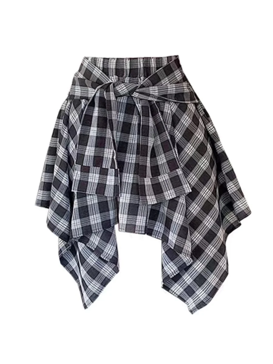 

Plus Size plus Size Women's Plaid Asymmetrical Belted Skirt Summer Versatile High Waist A-Line Skirt Korean Sle Commute Dr