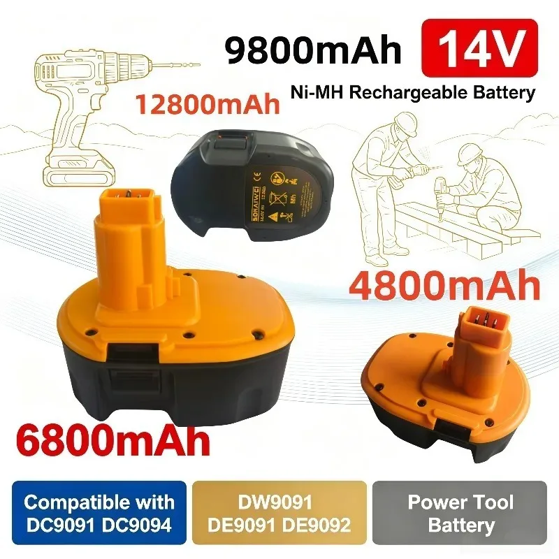 14V 4.8/6.8/9.8/12.8Ah Ni-MH Battery Compatible with DC9091 DC9094 DW9091 DE9091 DE9092 Power Tool Battery