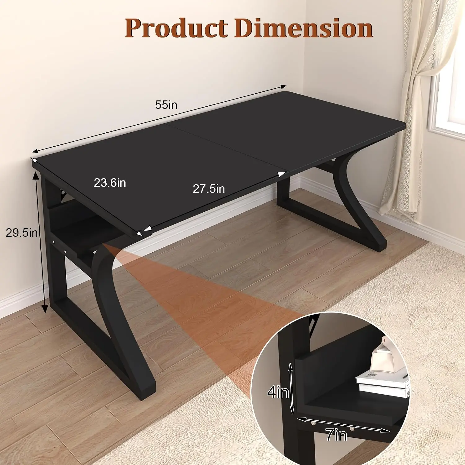 Modern Computer Desk MDF Top Metal U-Leg Rectangular Painted Home Office 55 Inch Black, Customized
