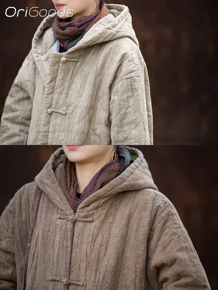 OriGoods Hooded Parka Jacket Woman Cotton Padded Winter Coat Long Warm Vintage Oversized Chinese Winter Clothes Outerwear B356