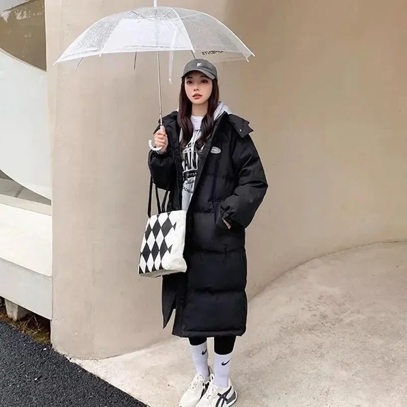 Black long down padded jacket women 2023 new medium long plus cashmere thicker Korean version of bread coat over the knee