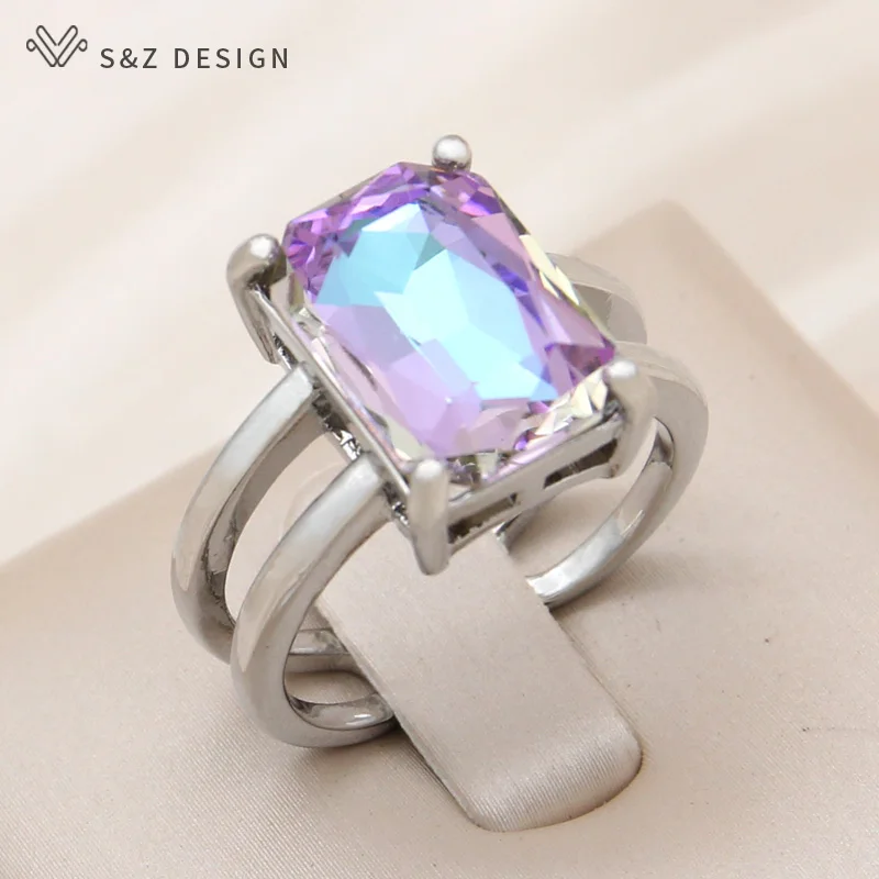 S&Z DESIGN New Fashion 585 Rose Gold Color Adjustable Rectangle Crystal Rings For Women Wedding Party Jewelry Gift