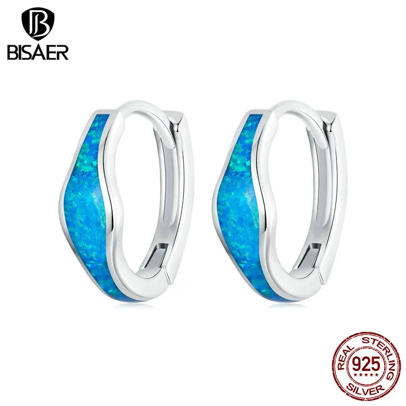 BISAER 925 Sterling Silver Simple Blue Circle Opal Hoop Earrings For Women Party GiftT Plated White Gold Fine Jewelry EFE980