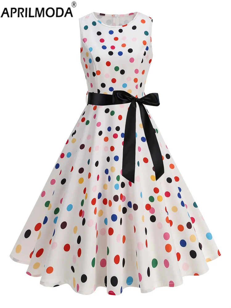 

Sleeveless Summer Vintage Swing Pinup 60s 1950s Style Women's Dress Colorful Polka Dot Print Runway A Line Holiday Party Dresses
