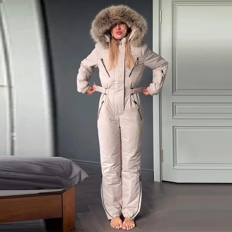 Hooded Women Ski Suit One Piece Ski Suit With Large Fur Collar Waist Cinch Ski Suit With Belt Winter Outdoor Wear 2026 3 Hooded Women Ski Suit One Piece Ski Suit With Large Fur Collar Waist Cinch Ski Suit With Belt Winter Outdoor Wear 2026 3