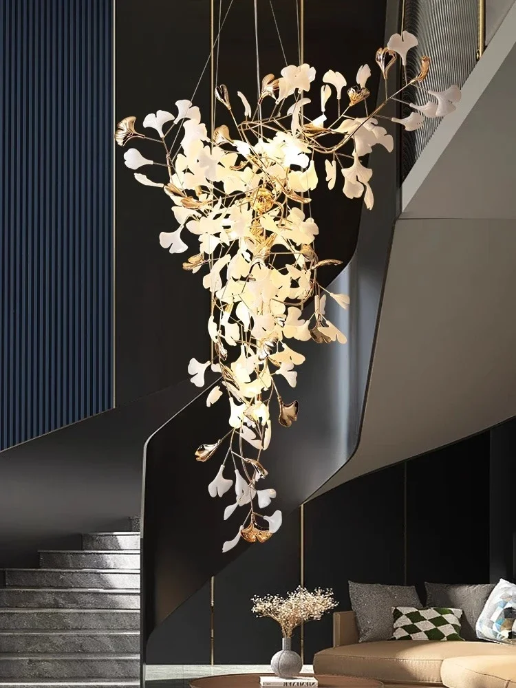 NEW Luxury Staircase Chandelier Villa Duplex Designer Pick Empty Lobby Apartment Jump Floor Ginkgo Leaf Long Hanging Lighting