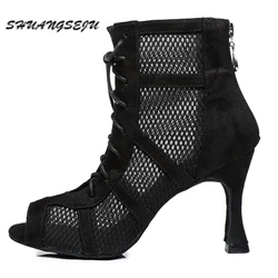 SHUANGSEJUNew women's Latin dance shoes Black sexy lace-up jazz ankle boots Salsa High top dance shoes Bachata high heels 9cm