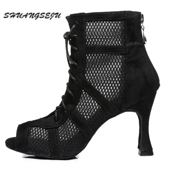SHUANGSEJUNew femmes chaussures de danse latine noir sexy à lacets jazz bottines Salsa haut chaussures de danse Bachata talons hauts 9 cm