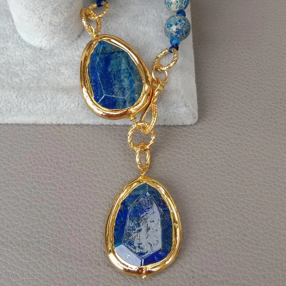 Y·YING Round Blue Sea Sediment Jasper Natural Lapis Faceted Nugget Necklace