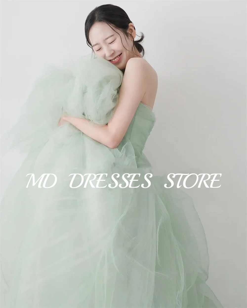 MD A-line Fairy Mint Green Wedding Dresses Tulle Strapless Bride Gowns Korea Tiered Photo shoot Reception Gown Customized 2025