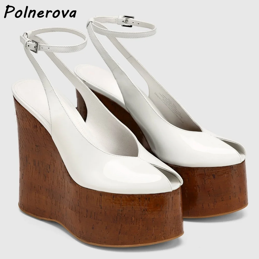 Patent Leather Wedge Platform Sandals Peep Toe Ankle Strap Cork Pattern Solid Black Shoes Slingback Summer Women Y2K Shoes view 6