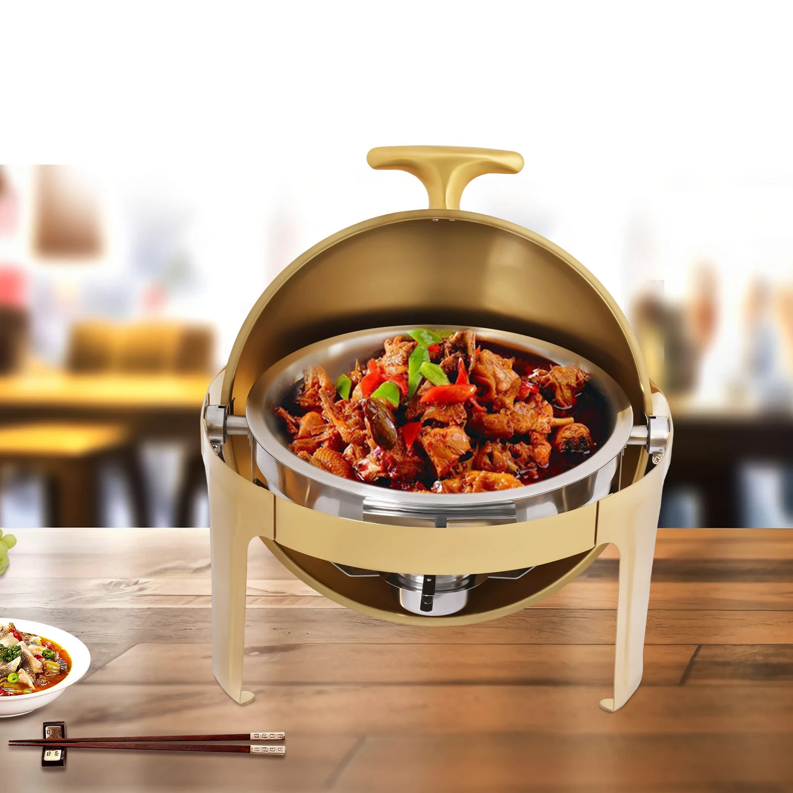 

Подогреватель для еды из нержавеющей стали, позолоченный, круглый, с 9-литровыми емкостями, для коммерческого использования в отелях и ресторанах