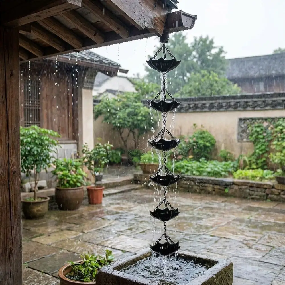 Japanese Style Metal Flowers Rain Chain Weather Resistant 7 Cups Eaves Water Drainage Chain Hanging Iron Art