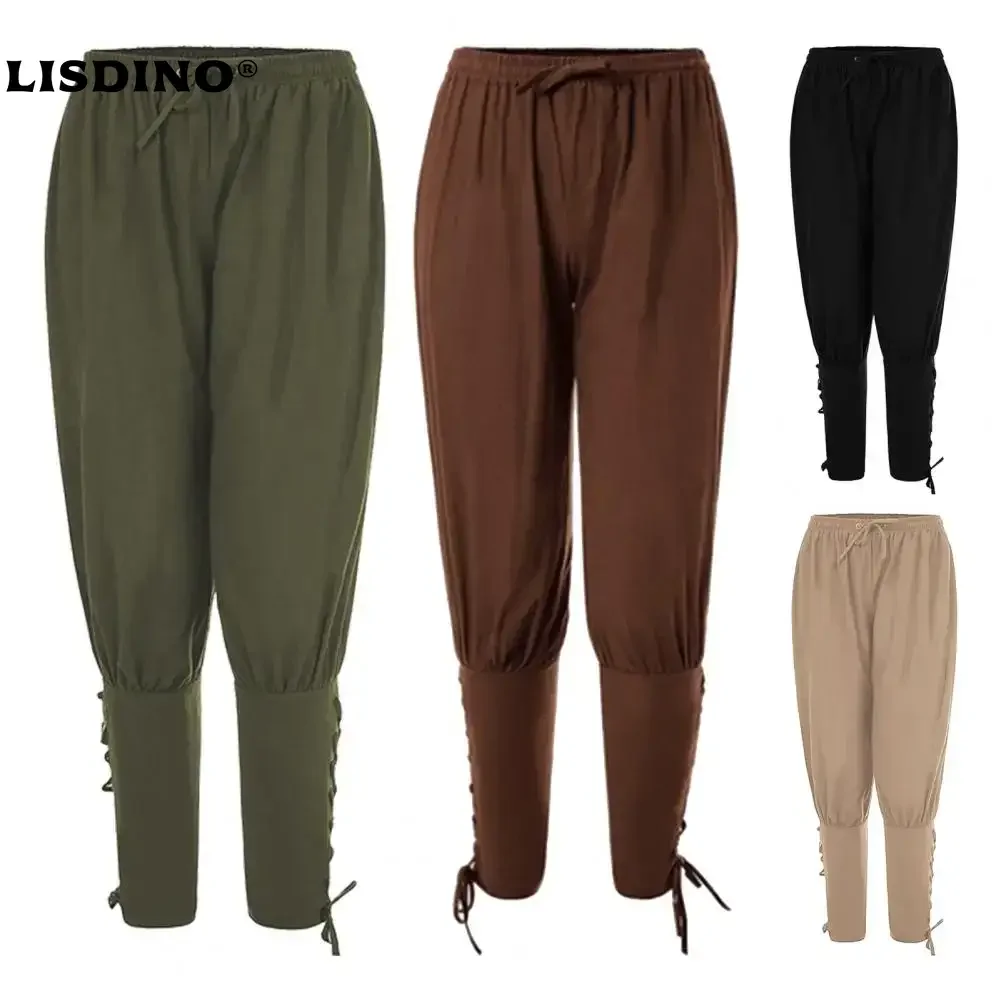 

1Adult Men Medieval Pirate Pants Linen Horseman Knight Costume Loose Leggings Black Navigator Leg Bandage Trouser