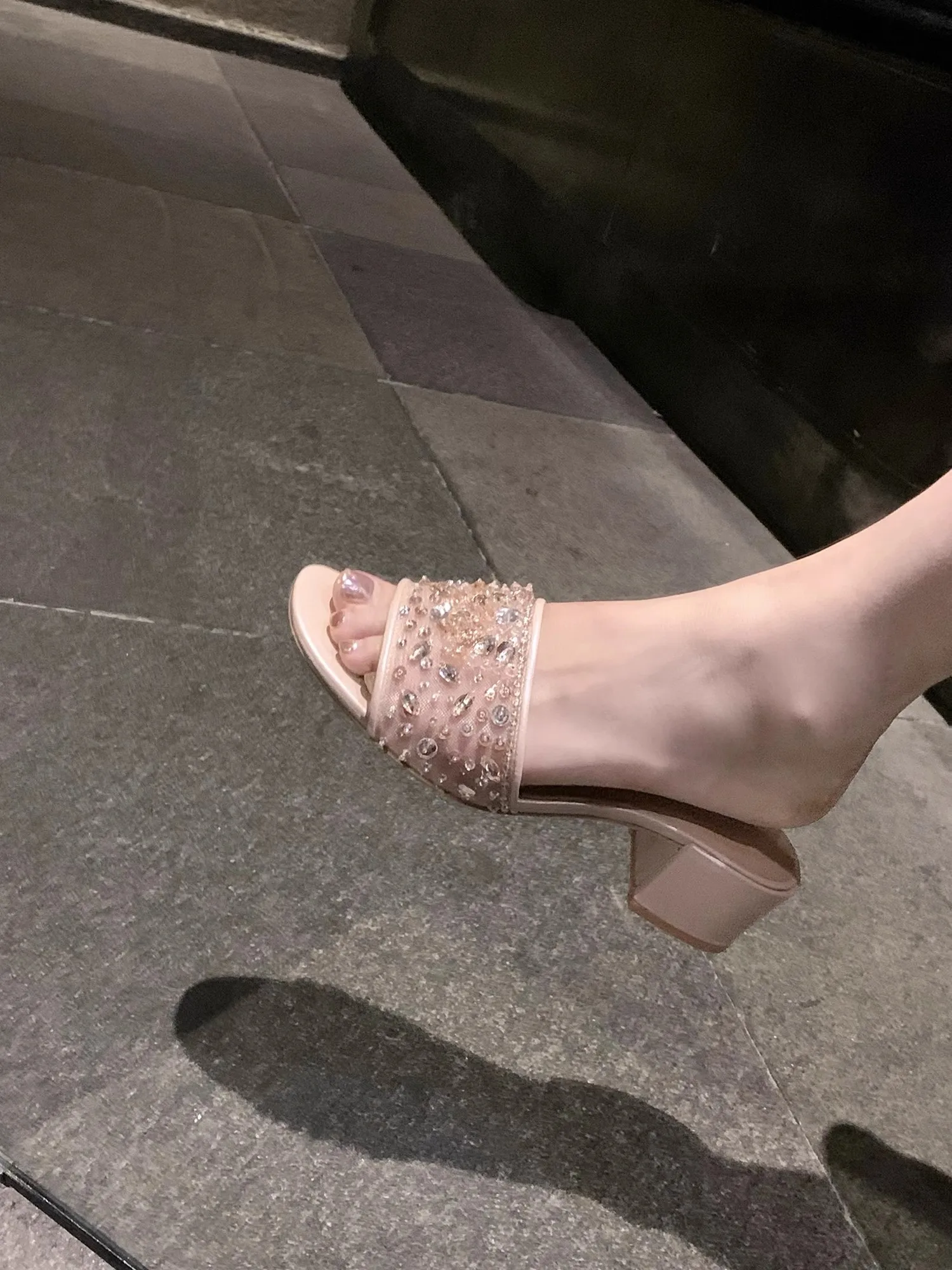 

Beautiful Rhinestone Mid Thick-Heeled Sandals Mesh Satin Summer Sandals French Style Outdoor Wear Women's Shoes