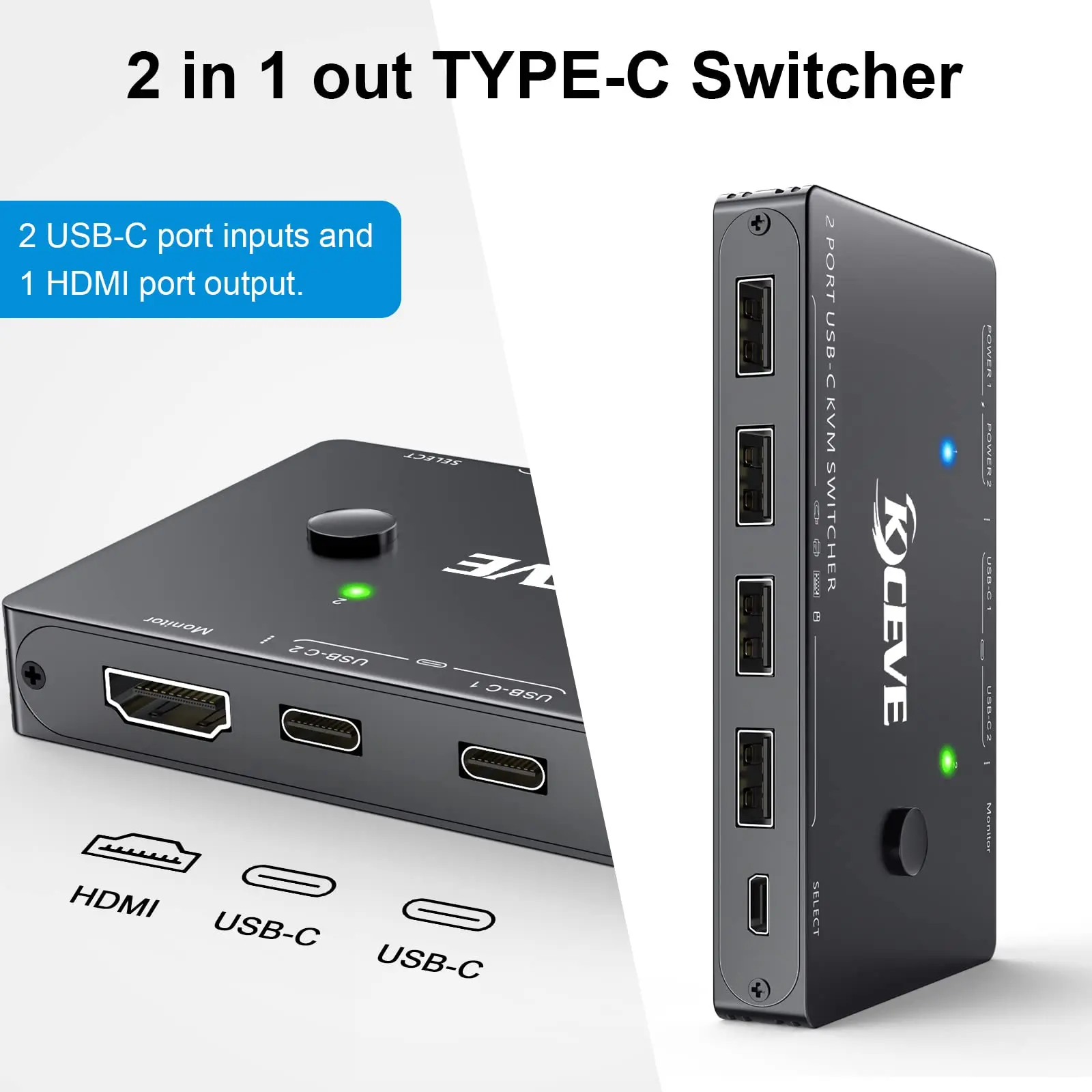 USB-C KVM Switch,KCEVE 2 Ports KVM Type-C Switcher Box Support 4K@60Hz for 2 Computers Share Keyboard Mouse and 1/2/3 Monitor