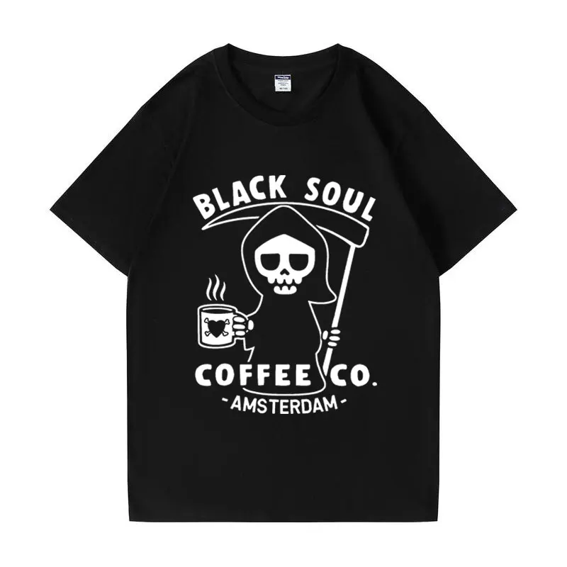 

Funny Coffee T Shirt Black Soul Coffee Cafe Grim Reaper T-shirts Cool Vintage Graphic T Shirt Men Women Clothes Short Sleeve