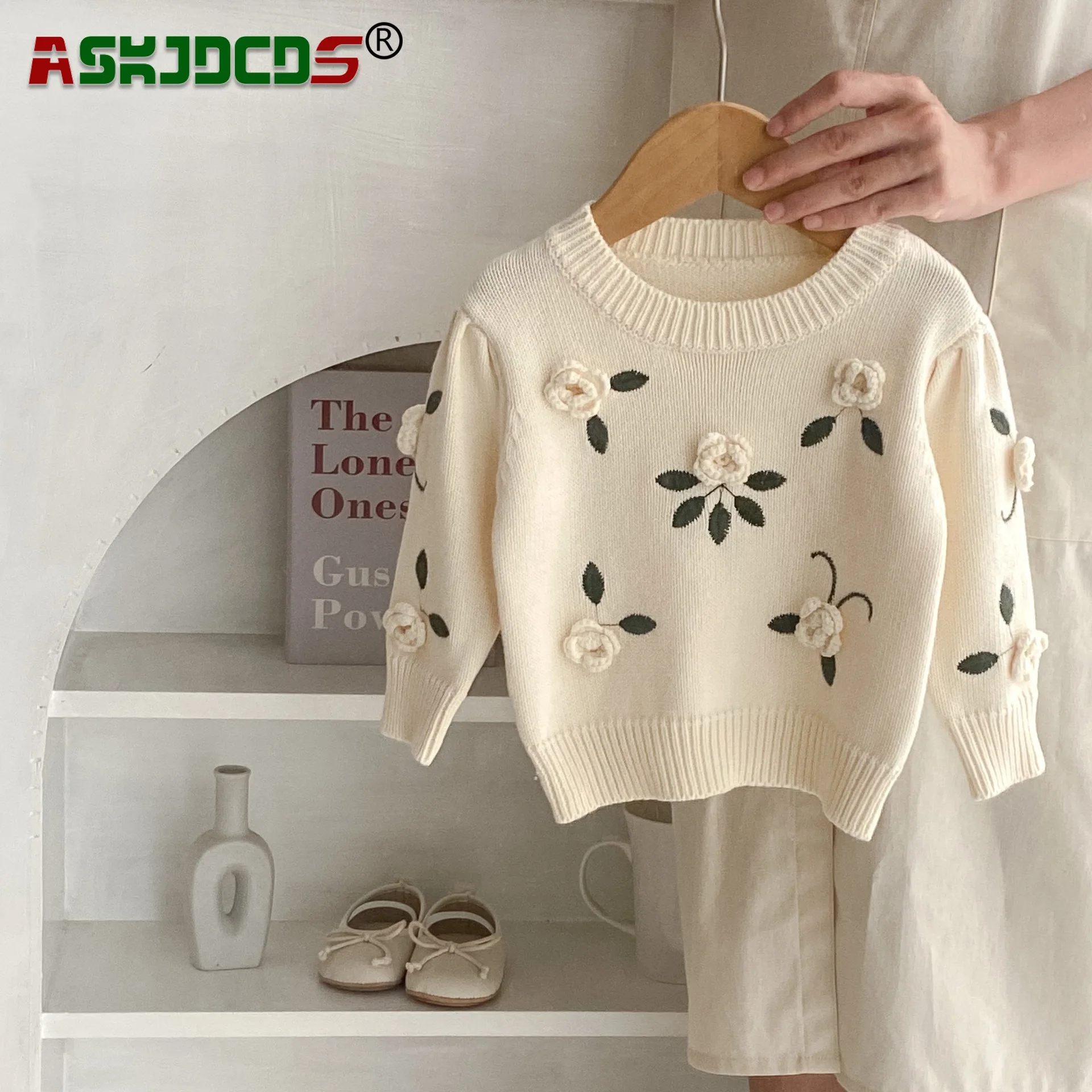 

2023 Autumn New In Infant Baby Girls Full Sleeve Embroidered Handmade Floral Appliqué Sweater Top, Toddler Kids Knitted Clothing