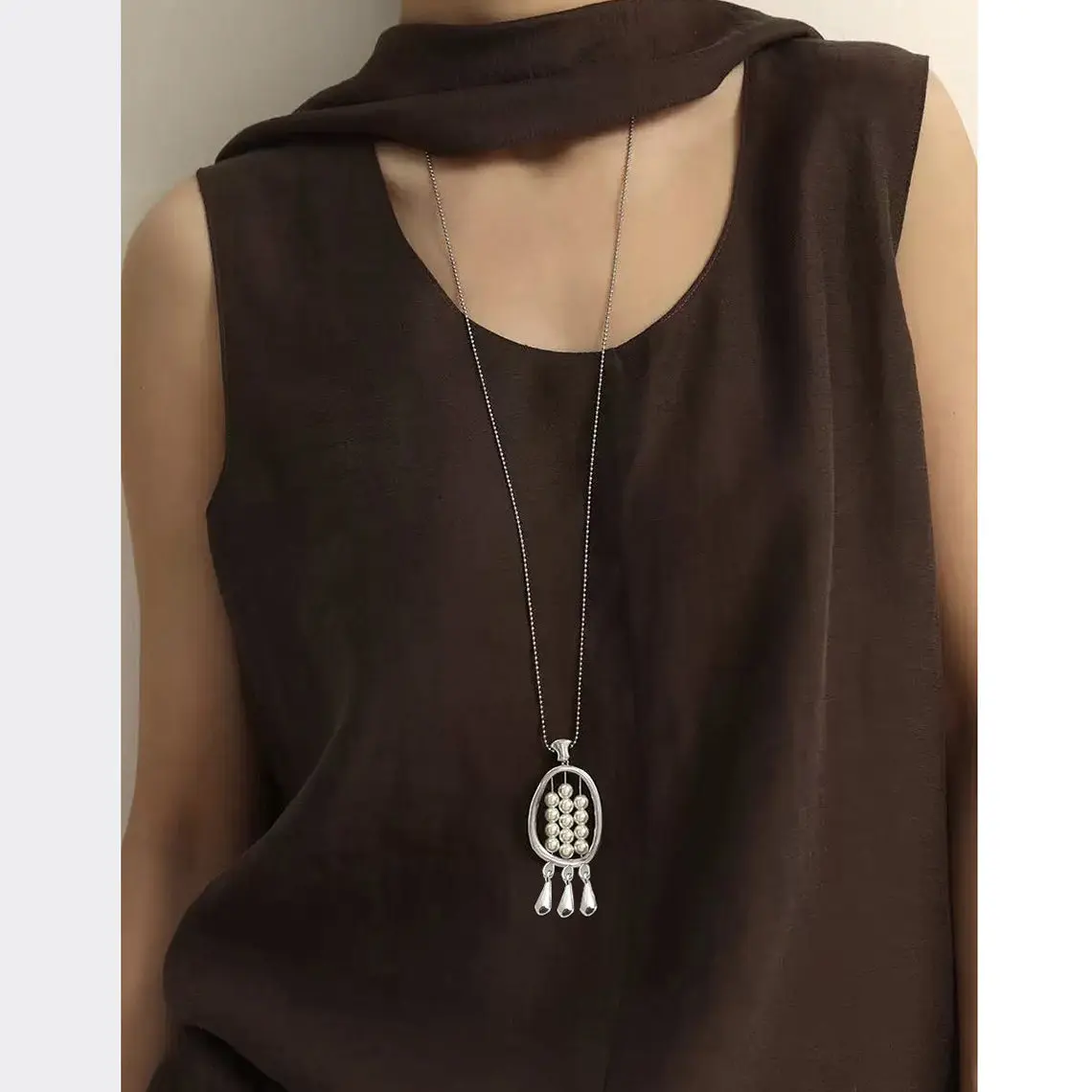 Simulated Pearl Fashion Metallic Oval Tassel Long Necklace Pendants For Women Creative New Neck Jewelry