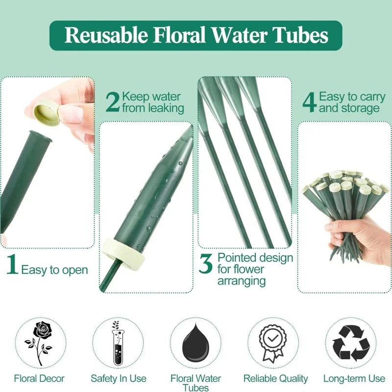 25PCS 6 Inches Floral Water Tubes Plastic Green Floral Tubes with Rubber Caps Fresh Flower Water Tubes for Bouquet Stem Supplies