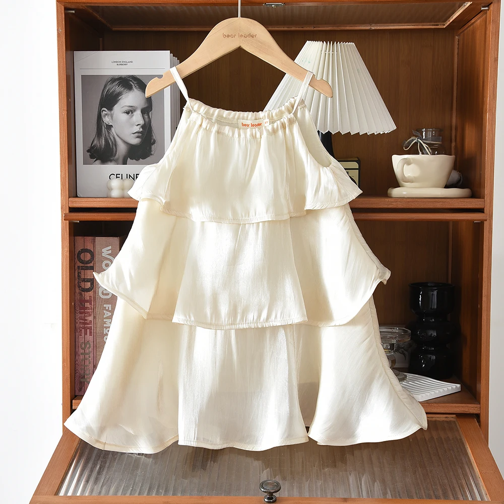 Korean Version Beige Sweet and Cute Camisole Multi-layer Lace Princess Dress for Girls Aged 3-7 Summer New