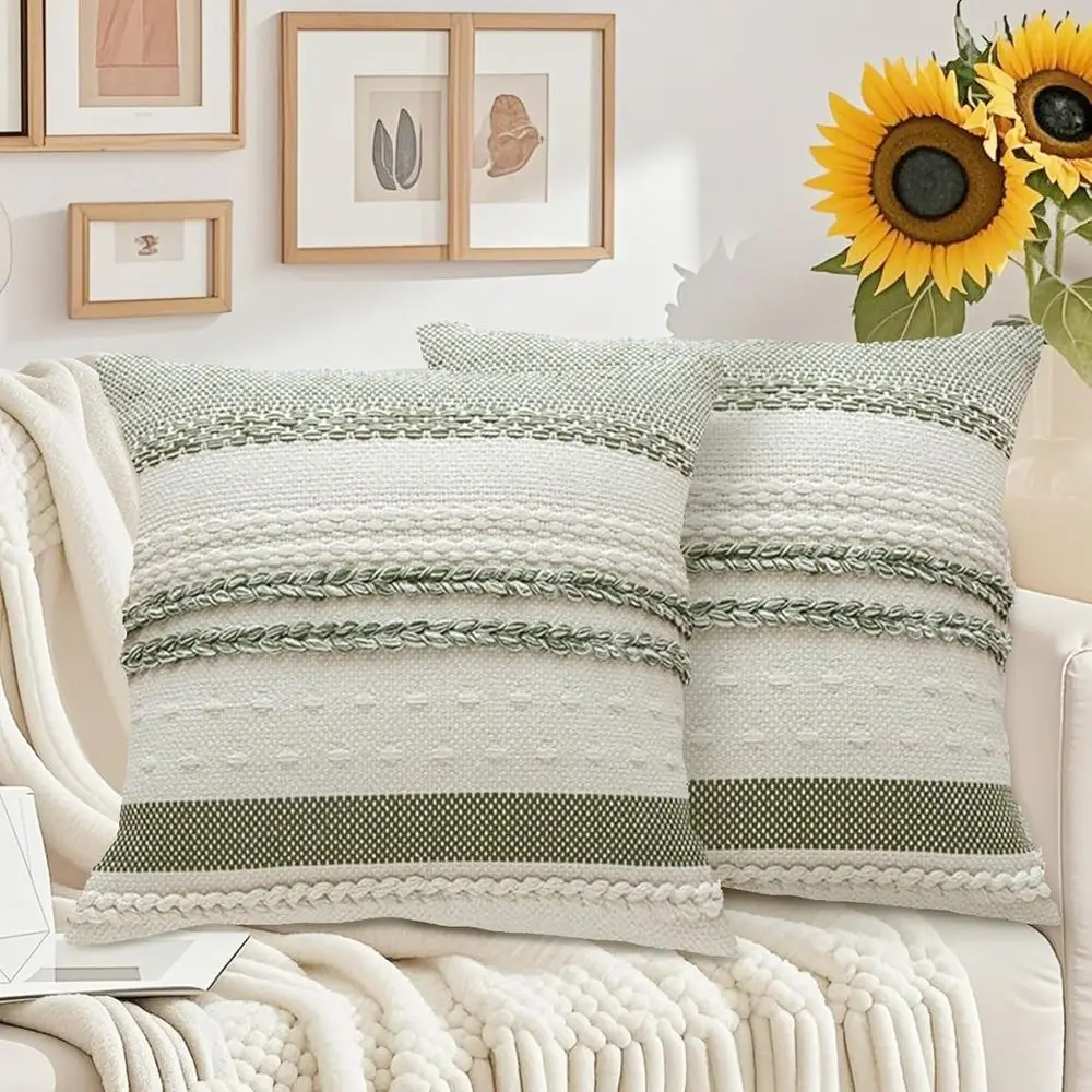 

HEAVYWOOD Boho Throw Pillow Covers 18x18 Inch Set of 2 Decorative Accent Pillowcase Farmhouse Bohemian Neutral Textured Cushion