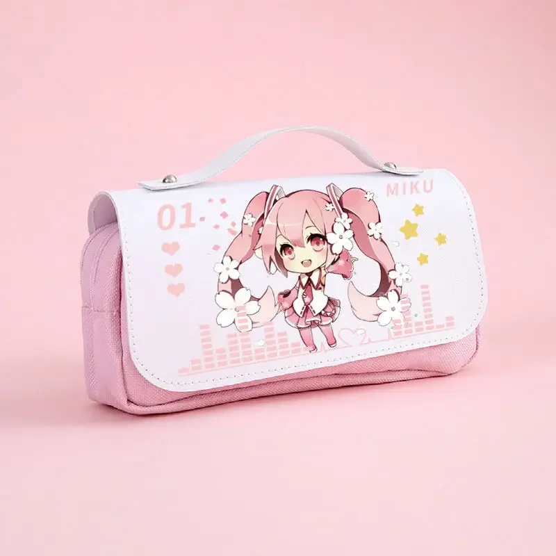 Cute Hatsune Miku sweet creative cartoon picture peripheral pencil case large capacity portable PU flip cover stationery box