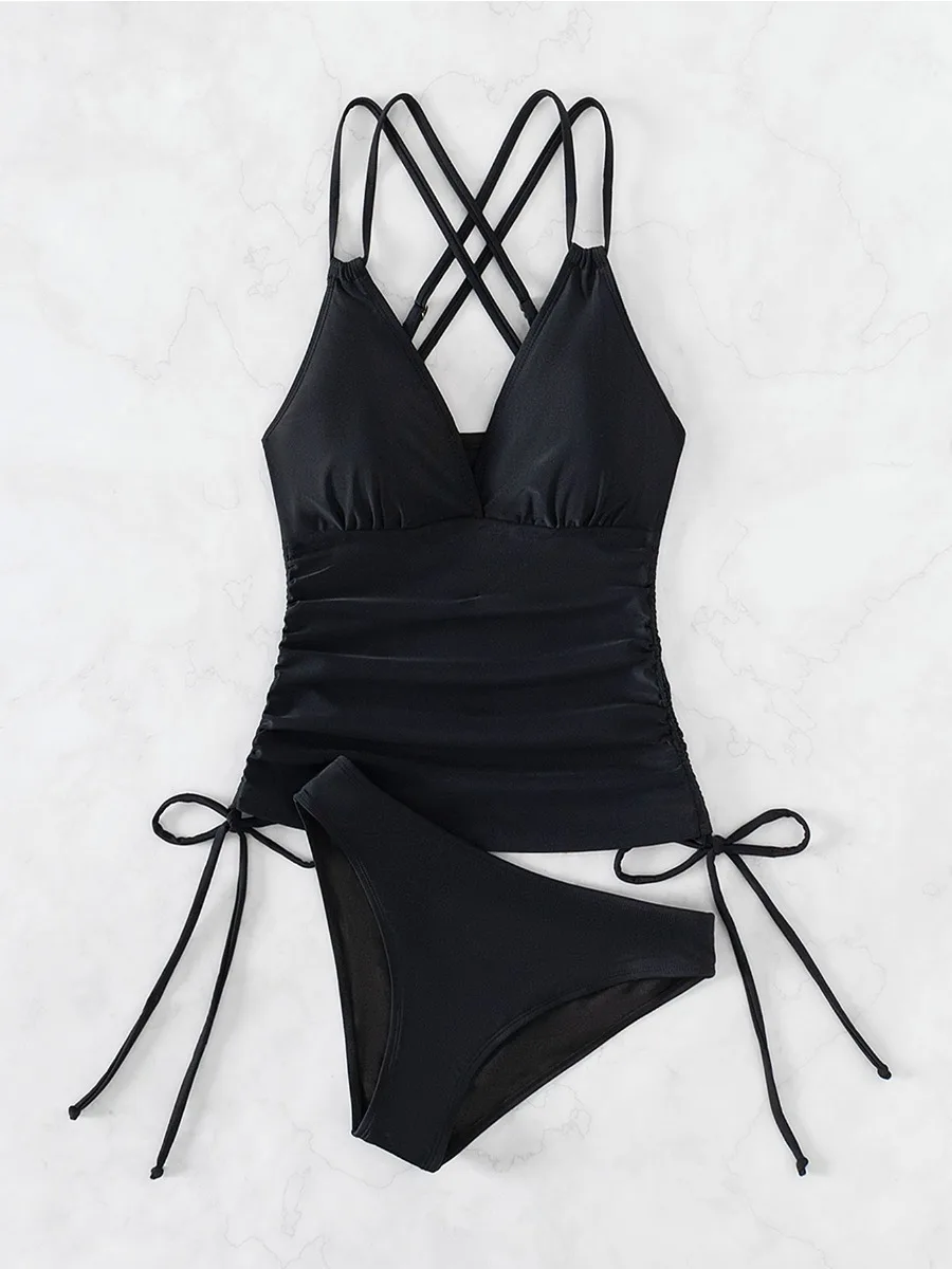2025 Tankini jednokolorowy strój kąpielowy kobiety wysokiej talii dekolt w serek 2-częściowy strój kąpielowy bikini z szelkami sznurowane stroje kąpielowe bez pleców