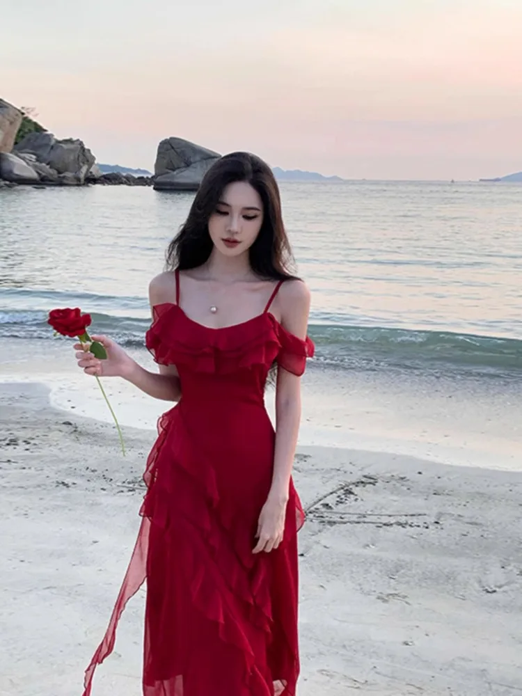 Vestido largo rojo fluido para mujer, vestido liso con tirantes finos y hombros descubiertos, vestido dividido con volantes irregulares, ropa para fiesta, cóctel y graduación